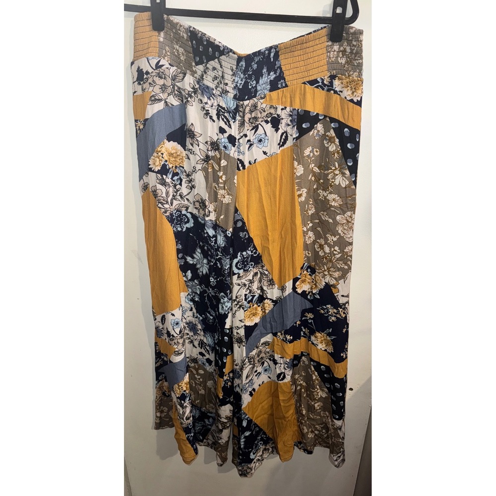 Coldwater Creek Floral Patchwork Wide Leg Pants XL Mustard Navy Viscose Smocked